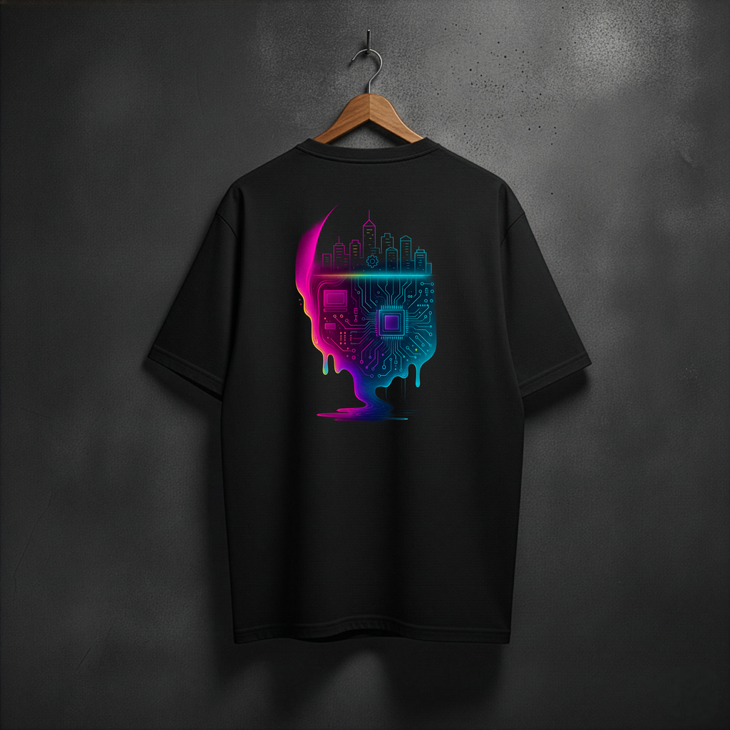 Black t-shirt ith a colorful graphic of the motherboard and city, in cyberpunk style on the back