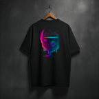 Black t-shirt ith a colorful graphic of the motherboard and city, in cyberpunk style on the back