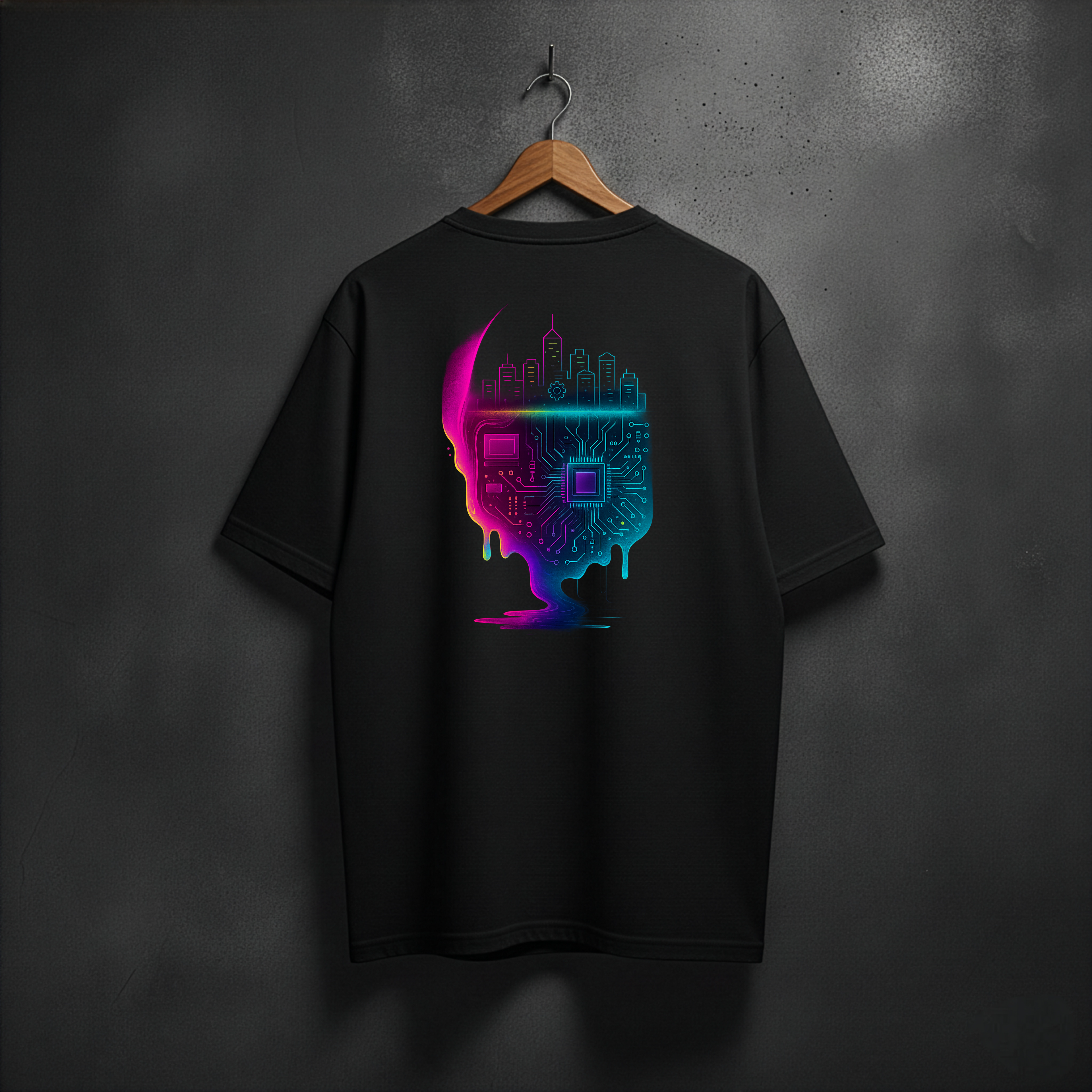 Black t-shirt ith a colorful graphic of the motherboard and city, in cyberpunk style on the back