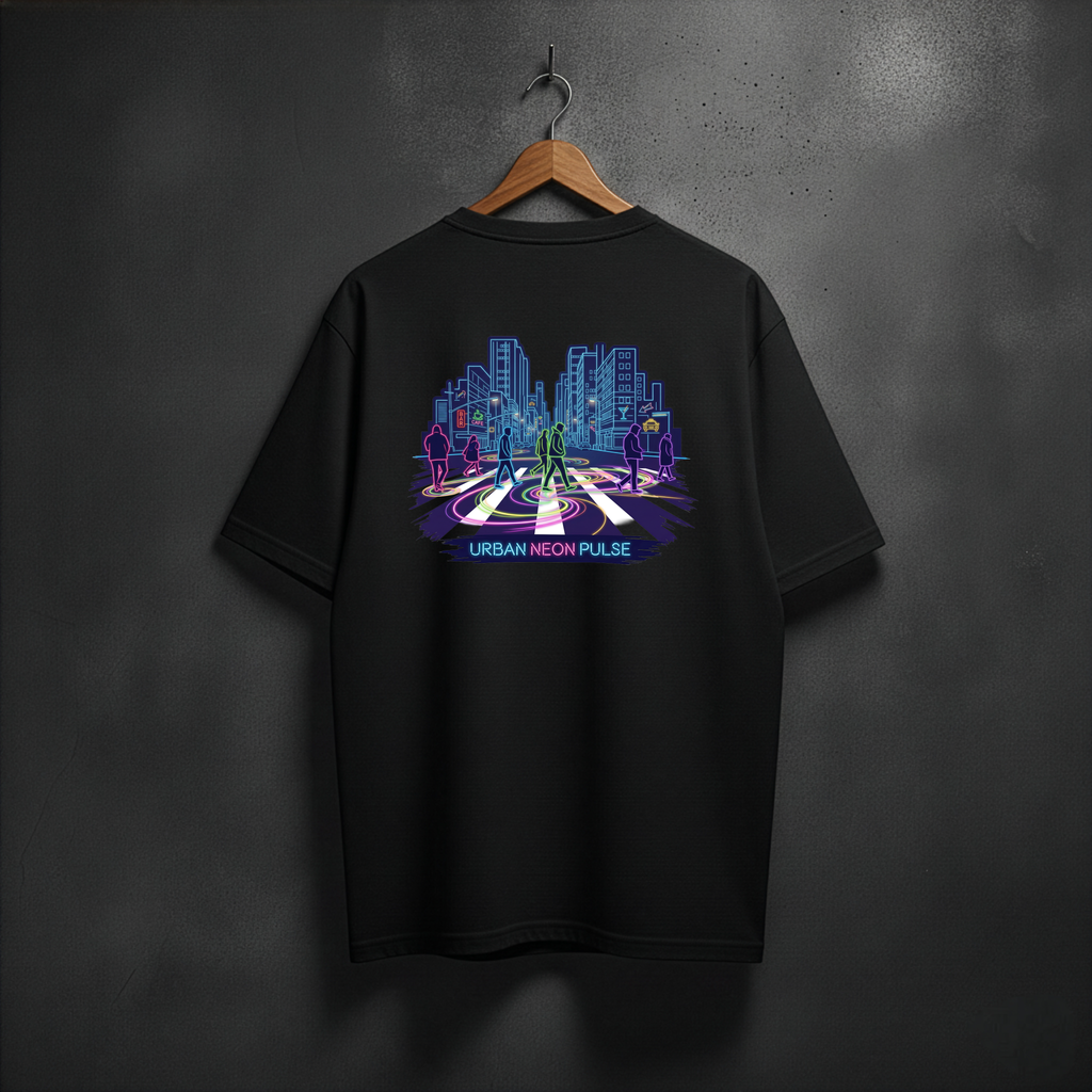 Black t-shirt with a colorful neon cityscape design on the back
