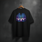 Black t-shirt with a colorful neon cityscape design on the back
