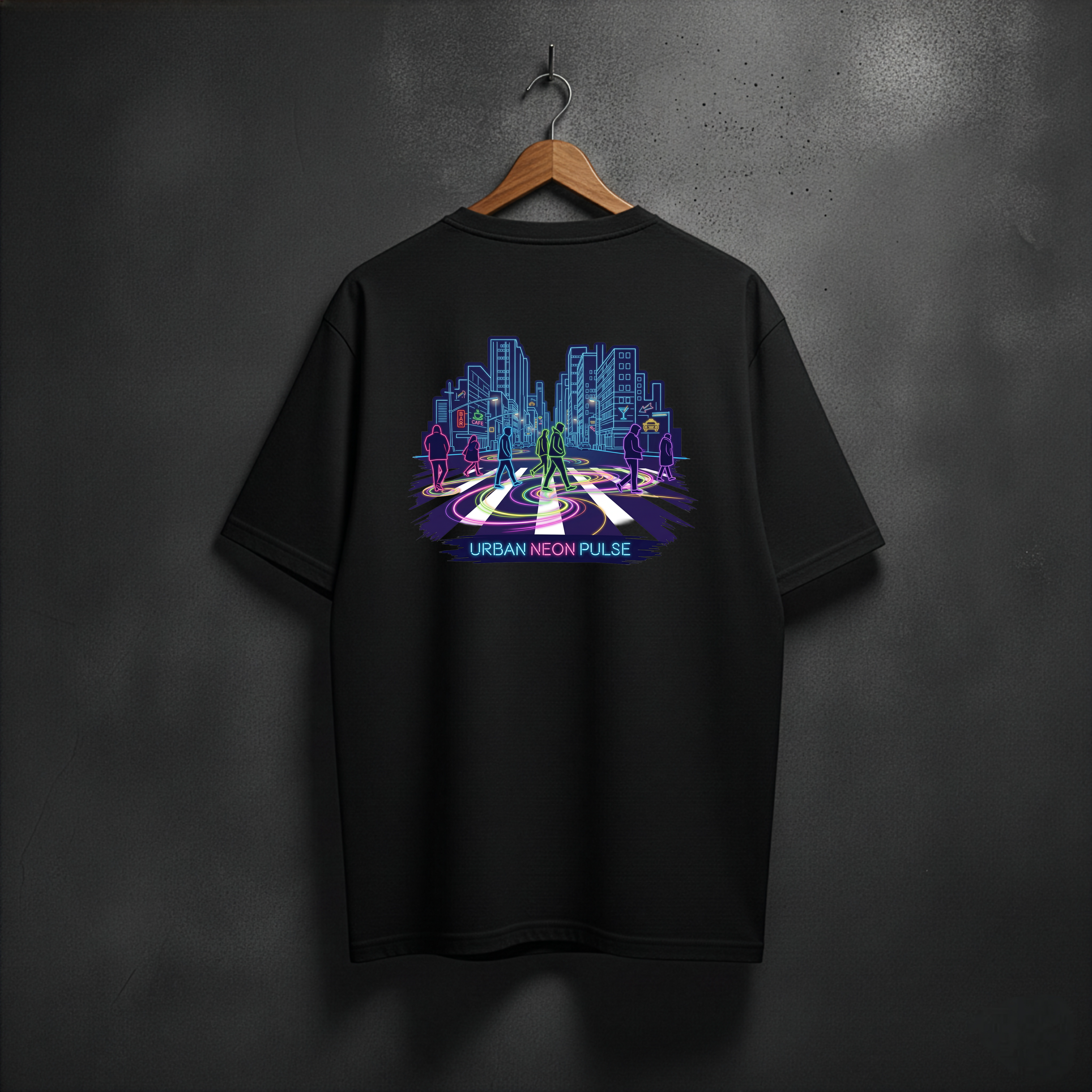 Black t-shirt with a colorful neon cityscape design on the back
