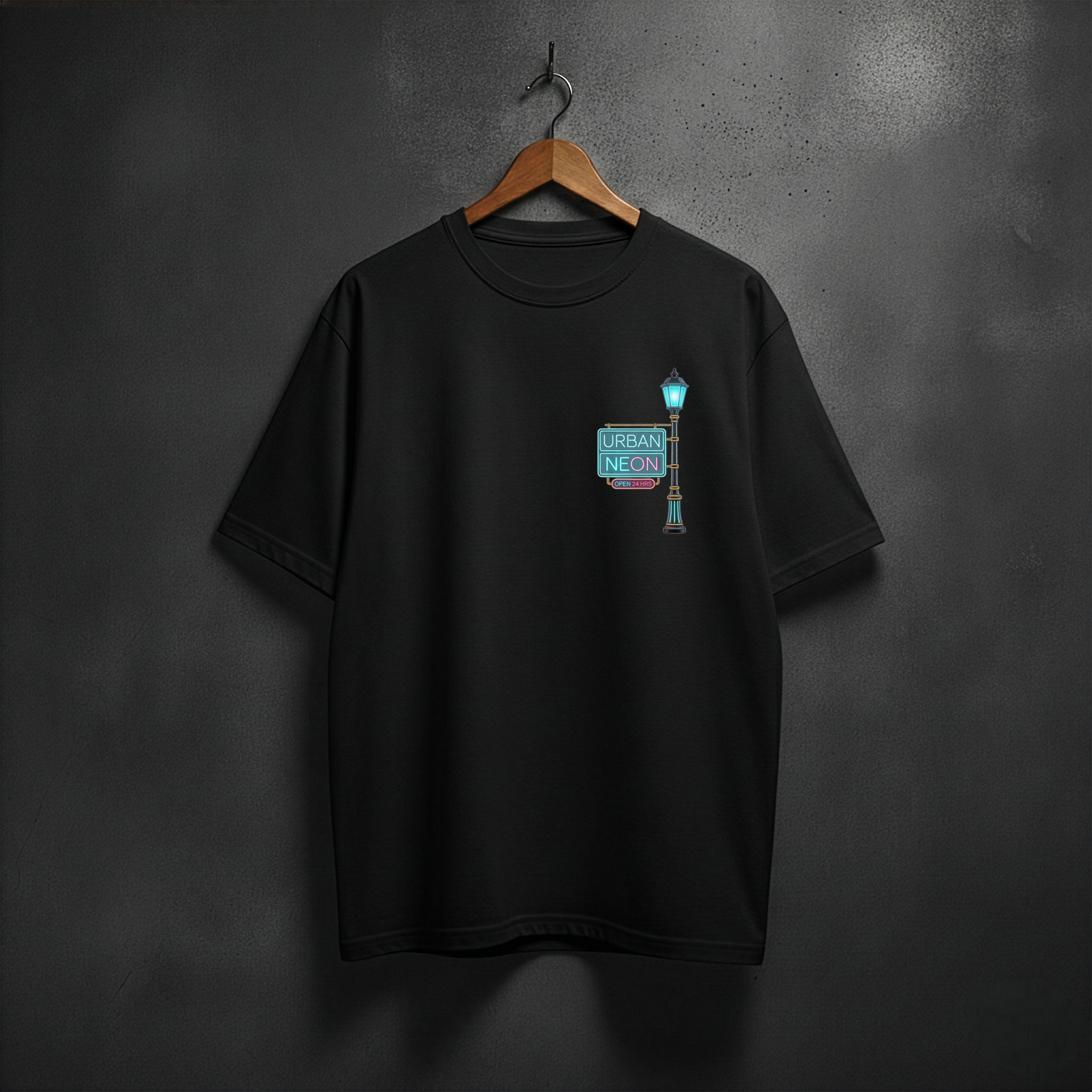 Black t-shirt with a neon graphic on the front left side