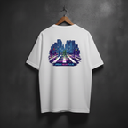 White t-shirt with a colorful neon cityscape design on the back