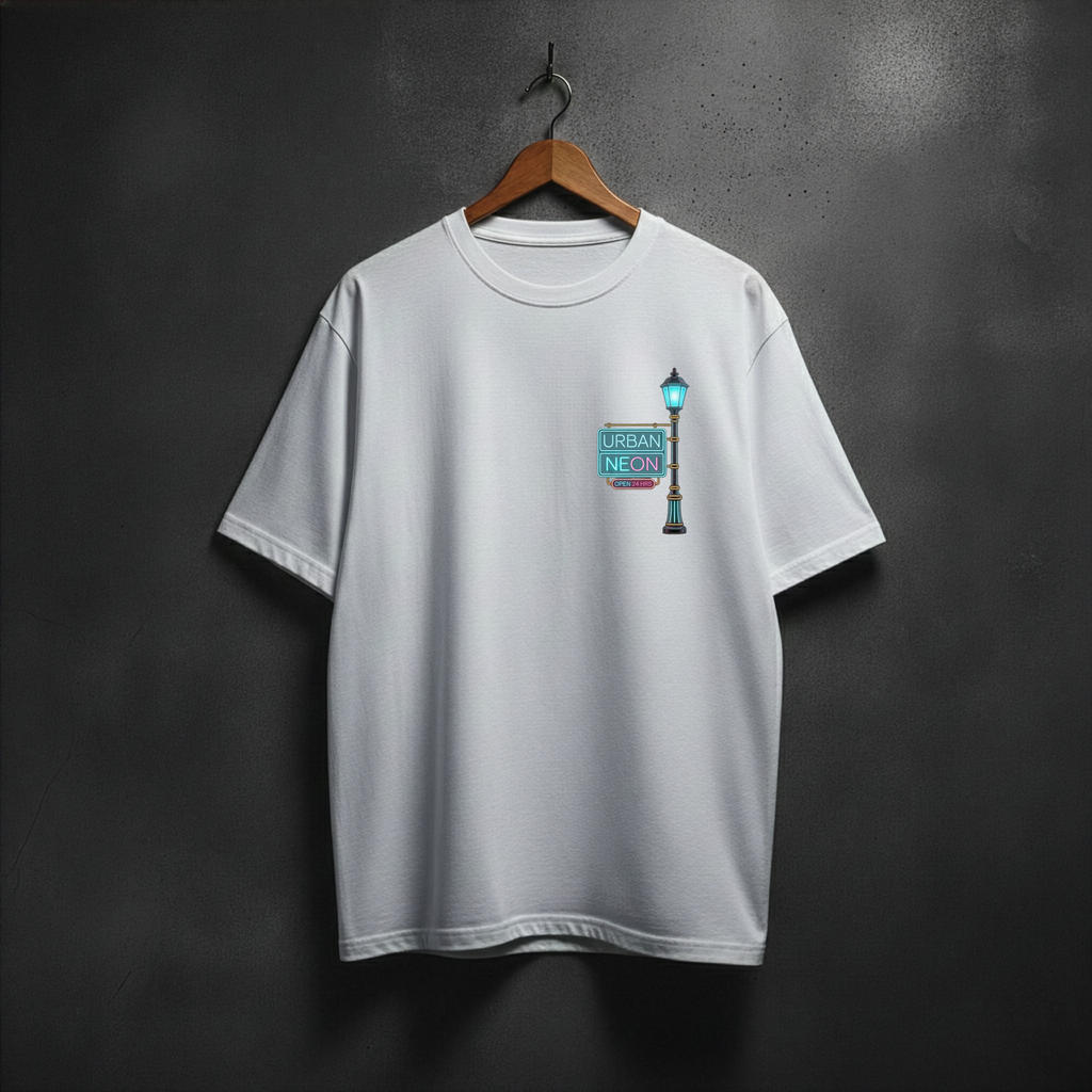 White t-shirt with a neon graphic on the front left side
