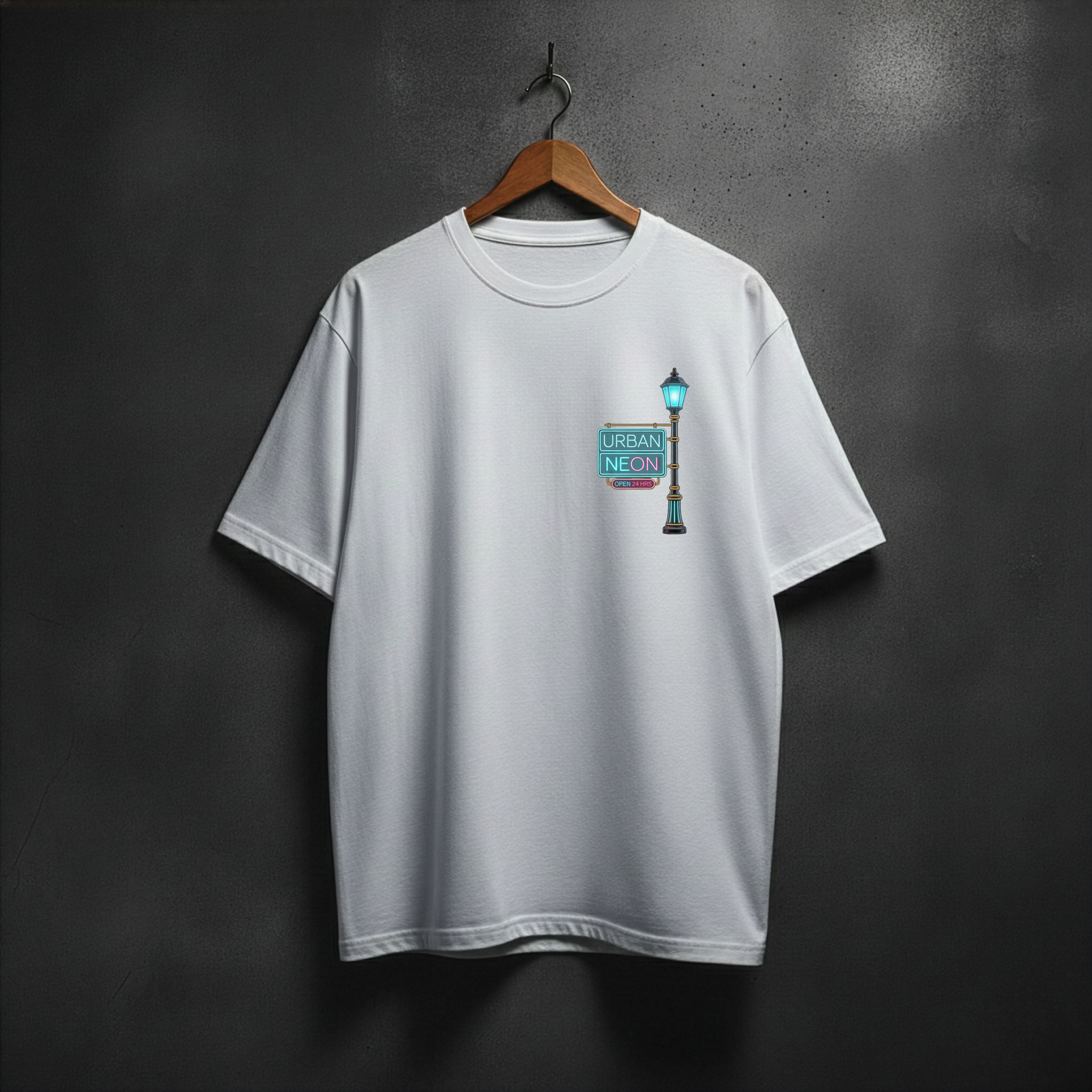 White t-shirt with a neon graphic on the front left side