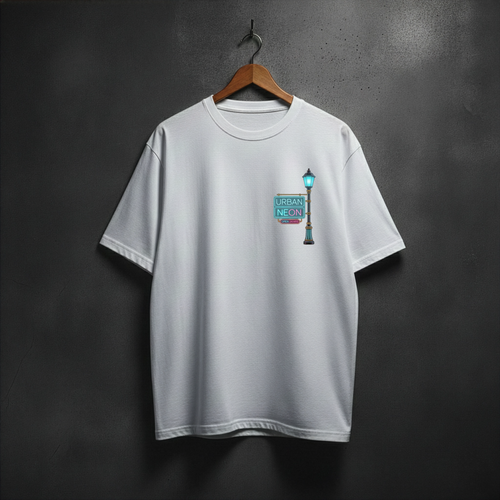 White t-shirt with a neon graphic on the front left side