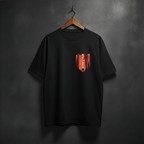 Black t-shirt with a colorful pocket design front left chest