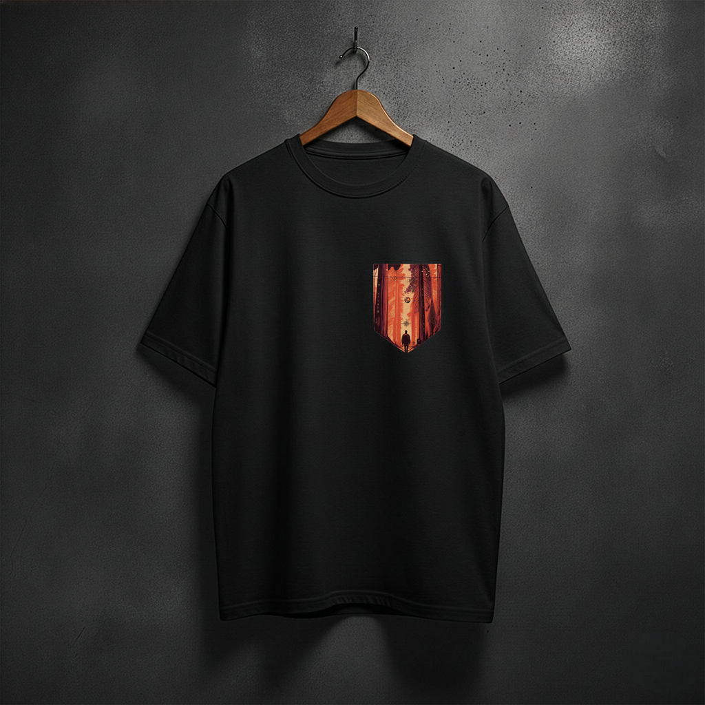 Black t-shirt with a colorful pocket design front left chest
