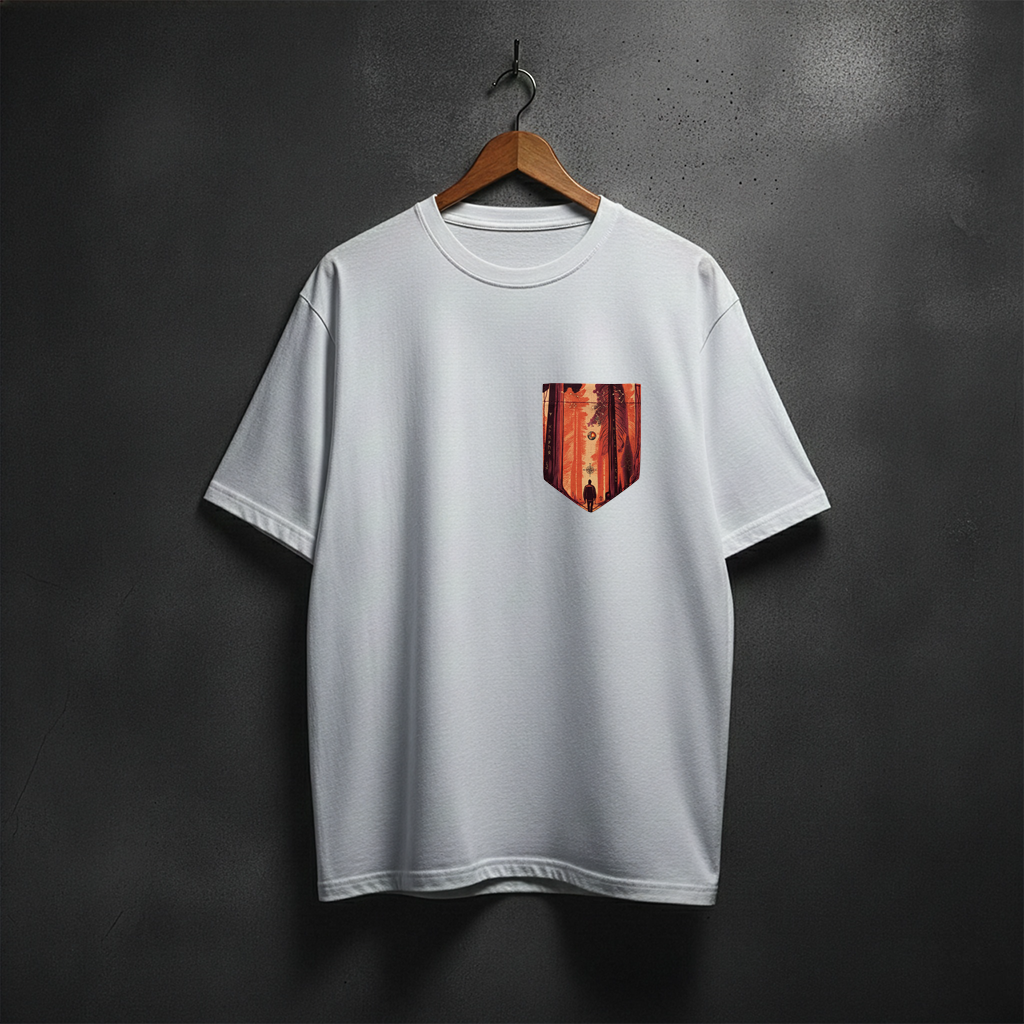 White t-shirt with a colorful pocket design on the front left chest