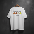 White t-shirt with sports ball graphics and text on the back